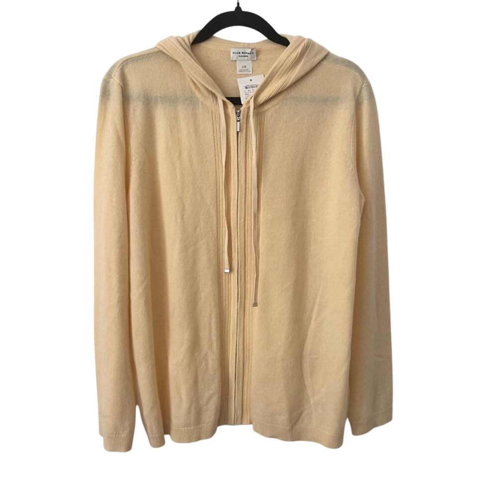 Club Monaco Butter Yellow 100% Cashmere Cream Hooded Zip Up Size Large NWT